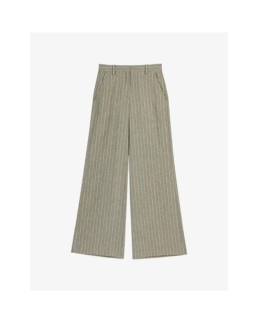 Maje Green Striped Wide-Leg Cotton And Linen-Blend Trousers
