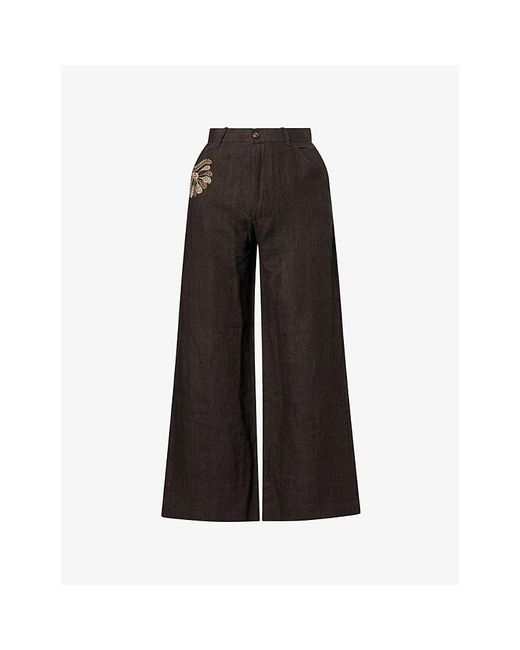 Kartik Research Black Herringbone Embroidered Wide-Leg Linen Trousers for men
