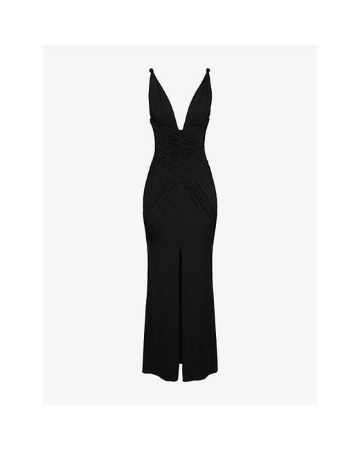House Of Cb Black Tabitha Front-Split Stretch-Woven Maxi Dress