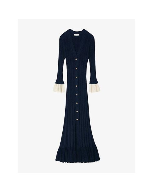 Sandro Blue V-Neck Contrast-Cuff Knitted Midi Dress