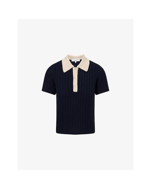 FRAME Blue The Contrast Trim Knitted Cashmere Polo Jumper