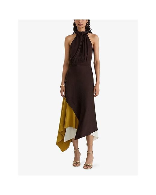 Reiss Brown Bianca Colour-Block Occasion Satin Midi Dress
