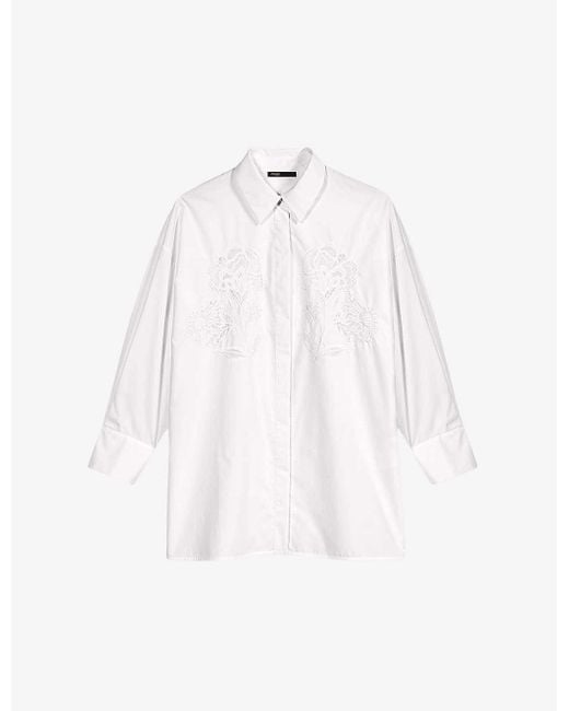 Maje White Floral-crochet Appliqué Oversized Cotton-poplin Shirt