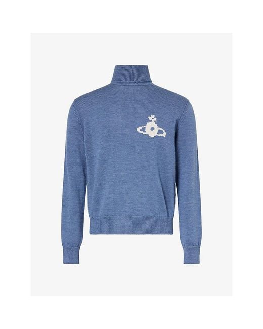 Vivienne Westwood Blue Intarsia-Logo Turtle-Neck Wool Jumper for men