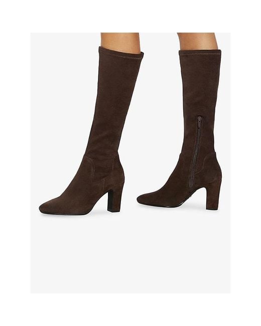 Dune Brown Simple Faux-Suede Heeled Knee-High Boots