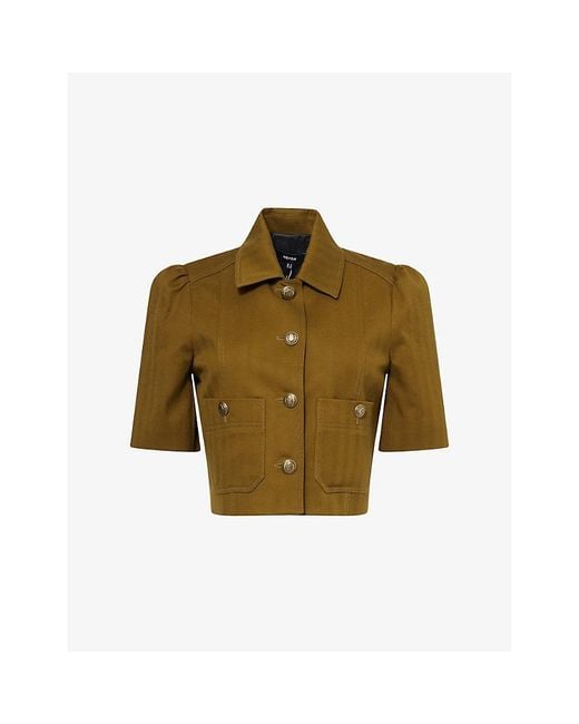 ME+EM Green Herringbone Cotton-Blend Cropped Jacket