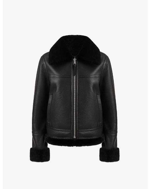 Reiss Black Melody Zip-up Reversible Shearling And Leather Jacket