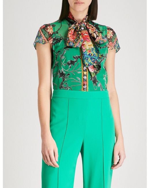 Alice + Olivia Green Jeannie Bow Collar Floral Blouse