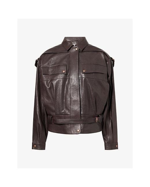 Magda Butrym Brown Belted Patch-Pocket Leather Jacket