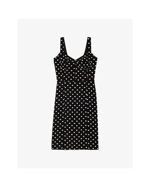 The Kooples Black V-Neck Heart-Print Woven Midi Dress