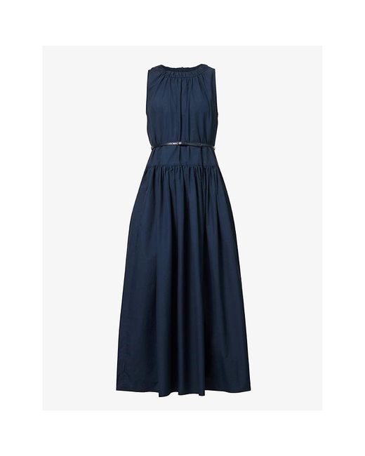 Max Mara Blue Teresa Pleated-skirt Cotton-poplin Maxi Dress