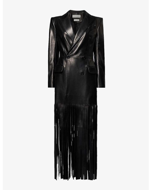 Alexander McQueen Black Fringed-hem Peak-lapel Leather Coat