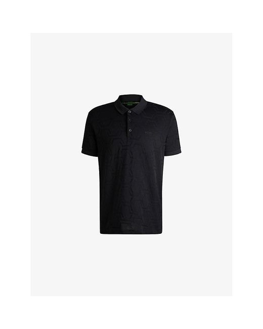 Boss Black Geometric-Jacquard Relaxed-Fit Cotton Polo Shirt for men