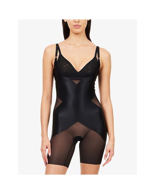 Spanx Black Shape Satin-X Open-Bust Mid-Thigh Bodysuit