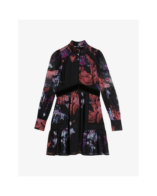 Ted Baker Black Gretaah Floral-print Recycled-polyester Mini Dress