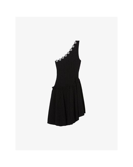 Claudie Pierlot Black Asymmetric Crochet-Flower Knitted Mini Dress