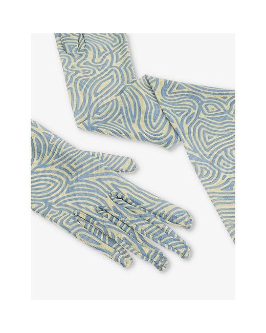 Dries Van Noten Green Geometric-print Elbow-length Stretch-mesh Gloves