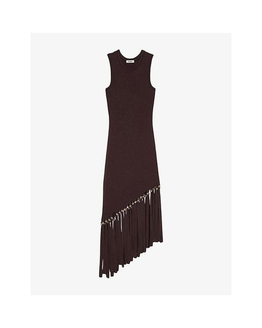 Sandro Brown Sleeveless Fringed-Hem Knitted Midi Dress