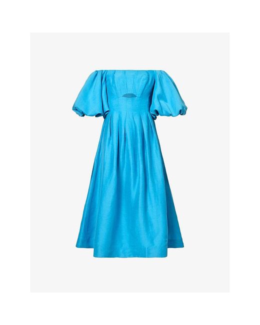Aje. Blue Eugenie Off-the-shoulder Linen-blend Midi Dress