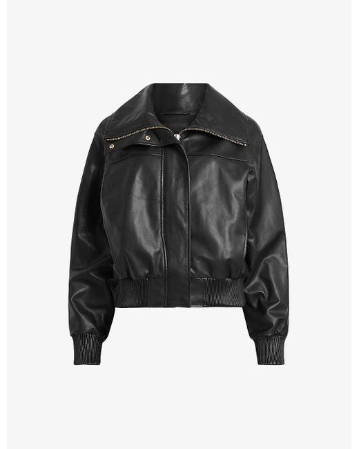 AllSaints Black Etta Funnel-neck Leather Bomber Jacket