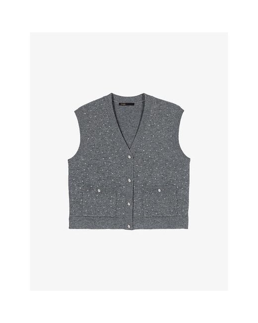 Maje Gray Rhinestone-Embellished Knitted Wool Vest Top