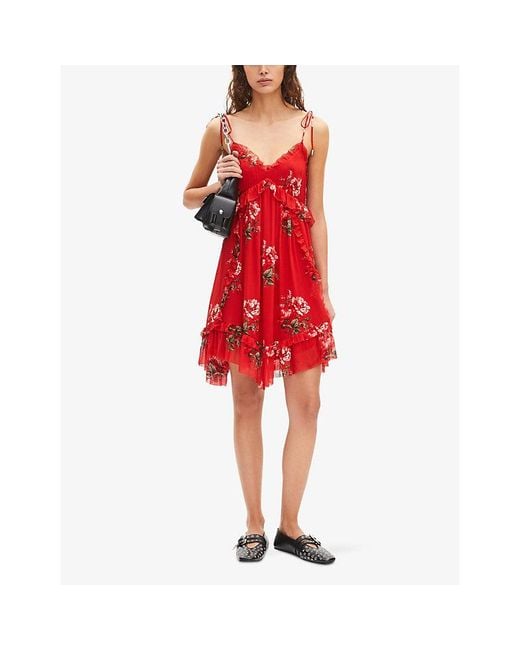 The Kooples Red V-Neck Floral-Print Woven Mini Dress