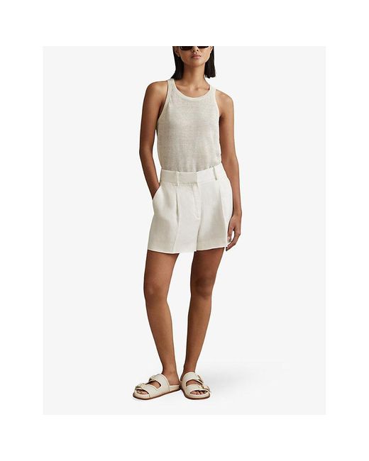 Reiss White Lori Front-pleat High-rise Linen-blend Shorts