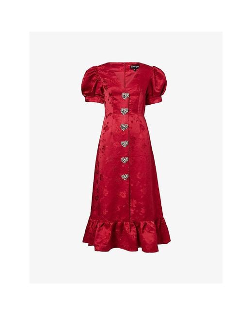 Sister Jane Red Carnival Hearts Floral-Jacquard Woven Midi Dress