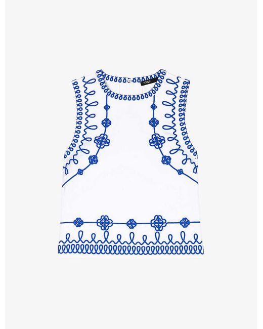 Maje Blue Embroidered Sleeveless Stretch-cotton Top