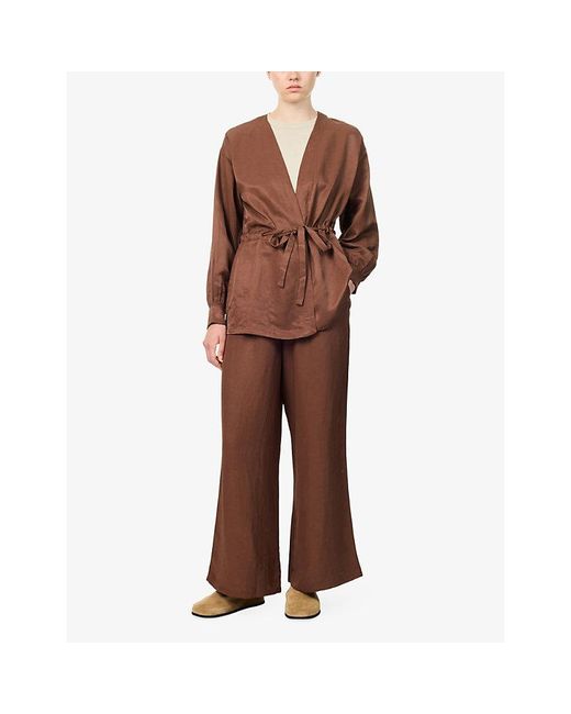 Kayanee Brown City Wrap-Front Linen-Blend Top