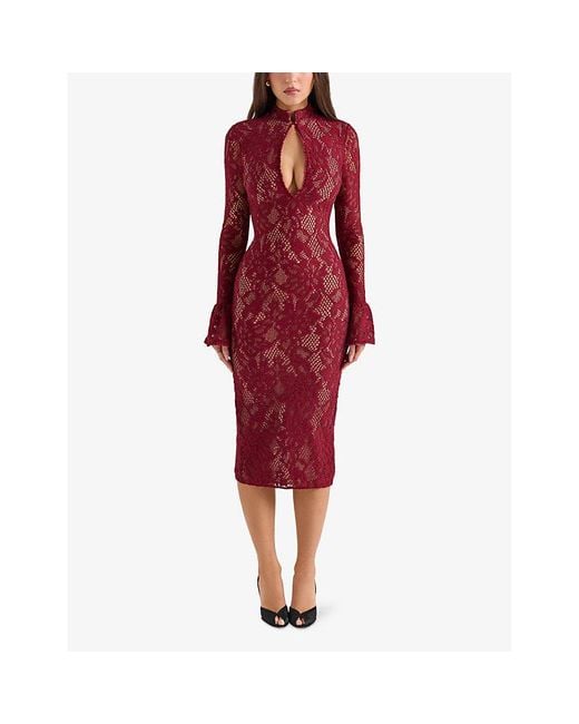 House Of Cb Red Pierette Keyhole-Neck Stretch-Lace Midi Dress