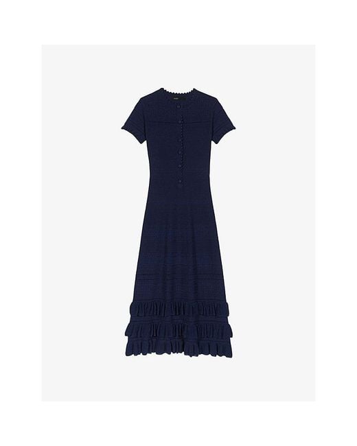 Maje Blue Ruffled Knitted Maxi Dress