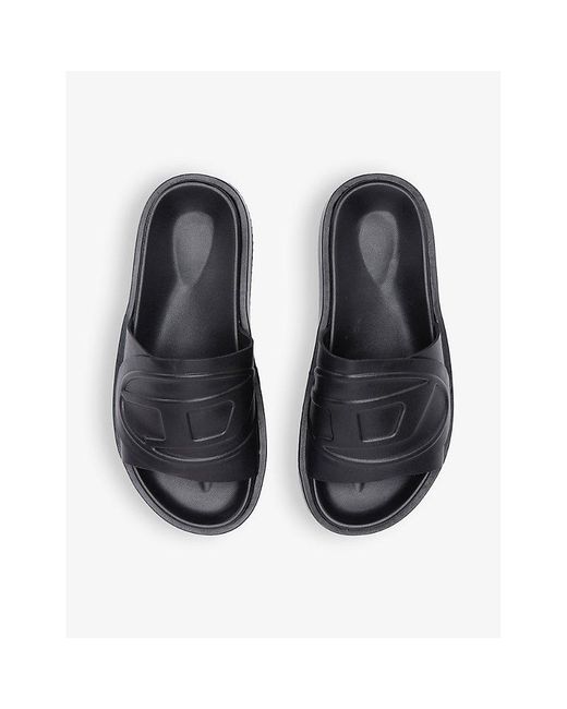 DIESEL Black D-oval Logo-embossed Flat Faux-leather Slides for men