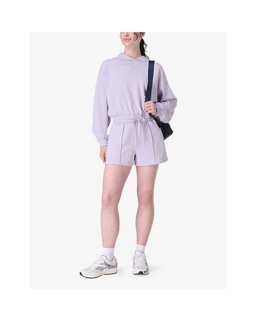 Sweaty Betty Purple Sand Wash Cloudweight Elasticated-Hem Stretch-Jersey Cropped Hoody