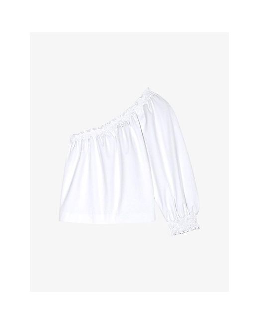 Maje White Asymmetric Gathered Cotton Top