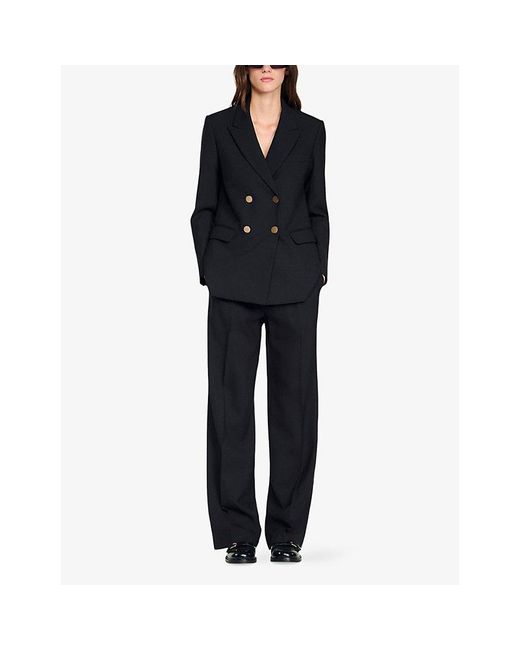 Sandro Black Double-Breasted Peak-Lapel Wool Blazer