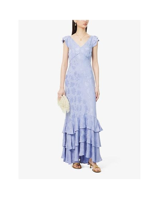 Rixo Blue Ossy V-neck Ruffled-hem Floral-jacquard Satin Maxi Dress