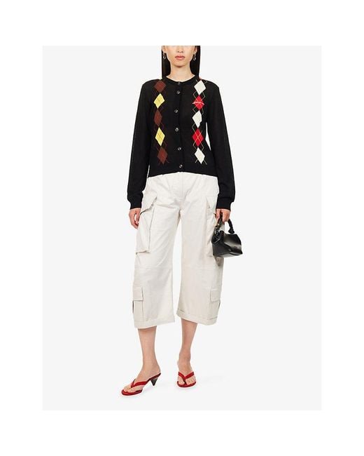 Ganni Black Argyle-Pattern Cotton-Knitted Cardigan
