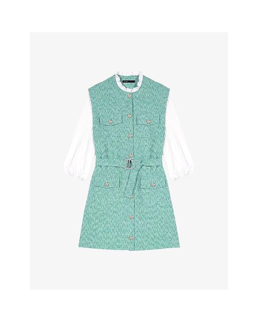 Maje Green Contrast-sleeve Belted-waist Tweed Cotton Mini Dress