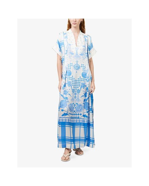 VERANDAH Blue Graphic-Print Hand-Pleated Silk Kaftan Dress