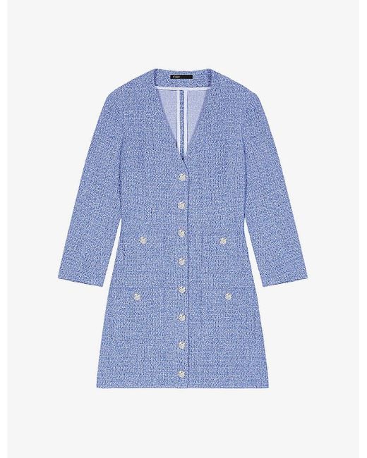 Maje Blue Patch-pocket V-neck Tweed Mini Dress