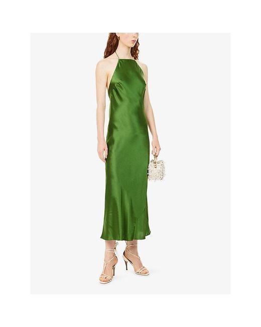 Reformation Green Maripaz Halterneck Silk-Charmeuse Midi Dress
