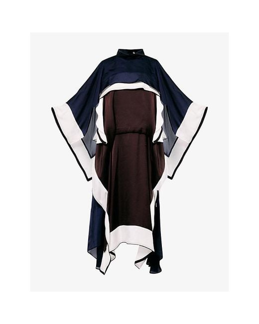Sacai Black Layered Cape Satin And Chiffon Midi Dress