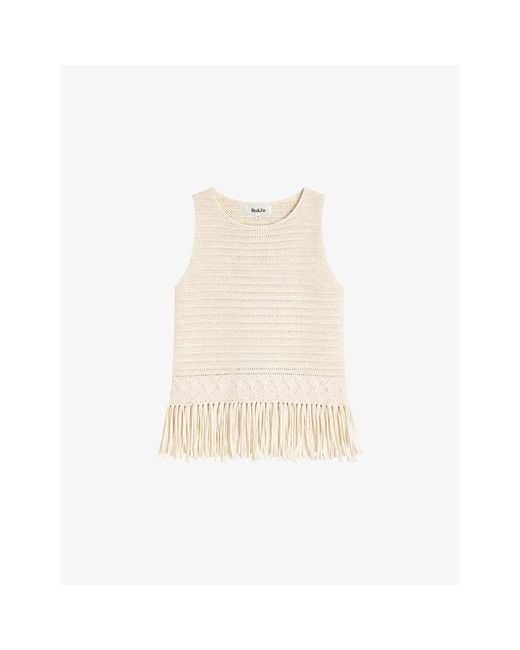 Ro&zo Natural Sleeveless Fringed-Hem Cotton Top