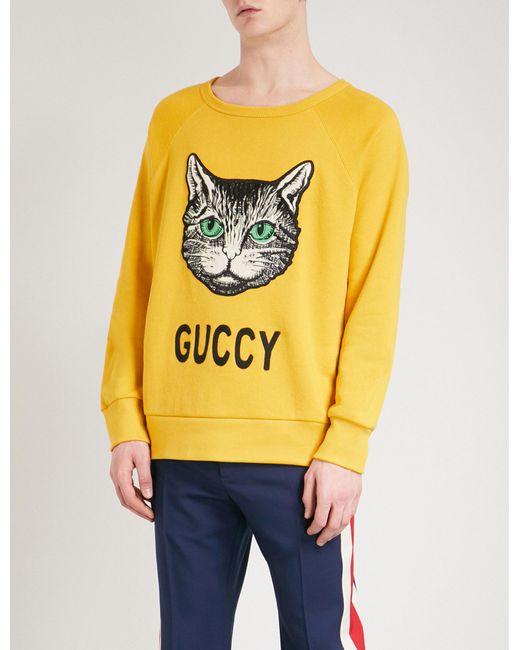 Gucci Yellow Cat Appliquéd Sweatshirt for men