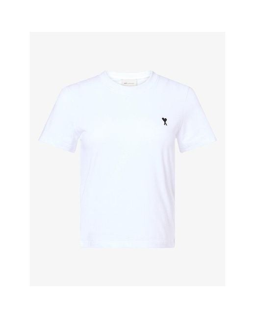 AMI White Contrast Logo-Embroidered Cotton T-Shirt