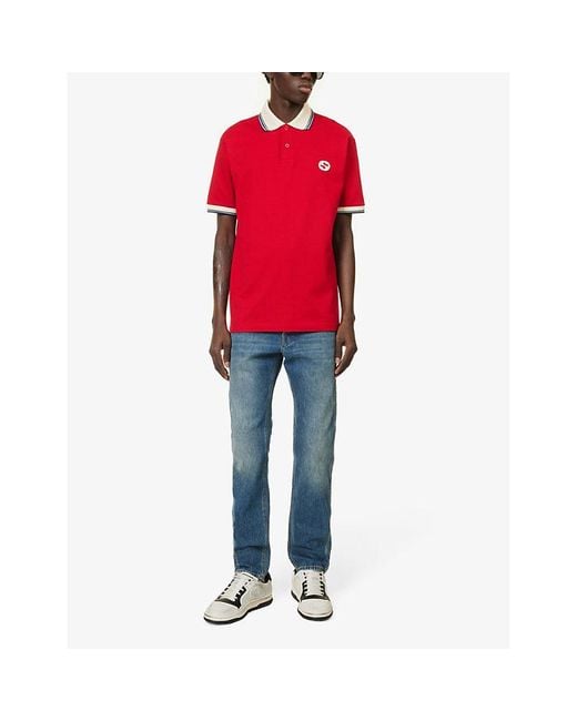 Gucci Red Brand-appliqué Striped-trim Stretch-cotton Polo Shirt for men