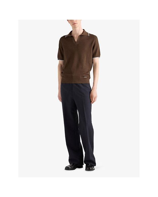 Prada Brown Logo-Embroidered Crochet Silk And Cotton Polo Shirt for men