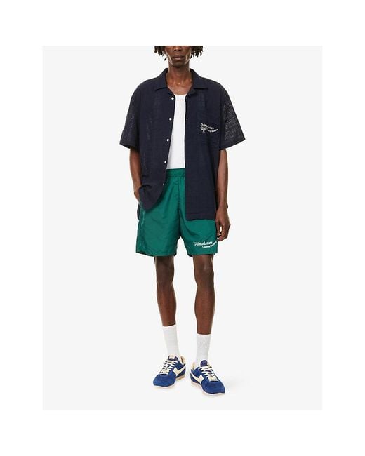 Palmes Blue Embroidered-Log Semi-Sheer Cotton Shirt for men