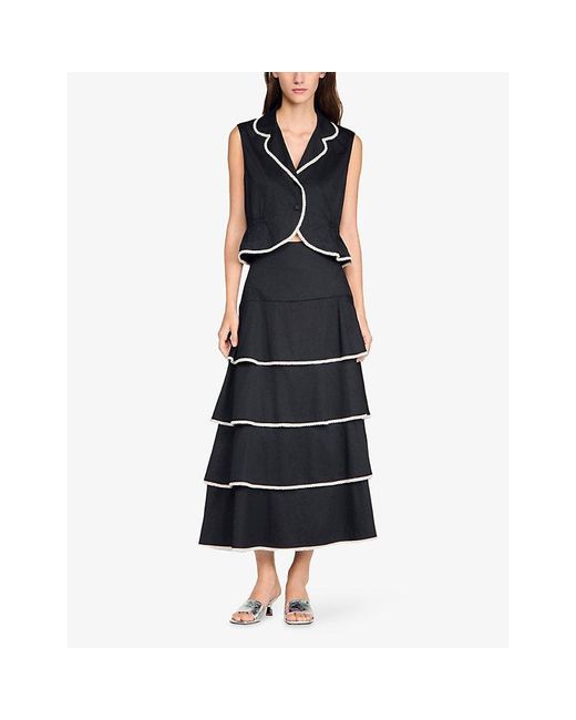 Sandro Black Beaded-Trim Sleeveless Cotton Top